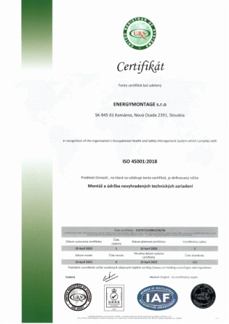 Certifikát ISO 45001:2018